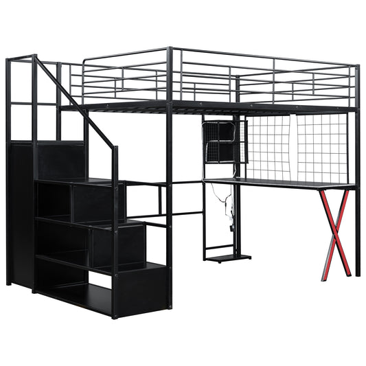 Full Size Metal Loft Bed with Built-in Work Station, Wardrobe, Storage Staircase and LED, Black