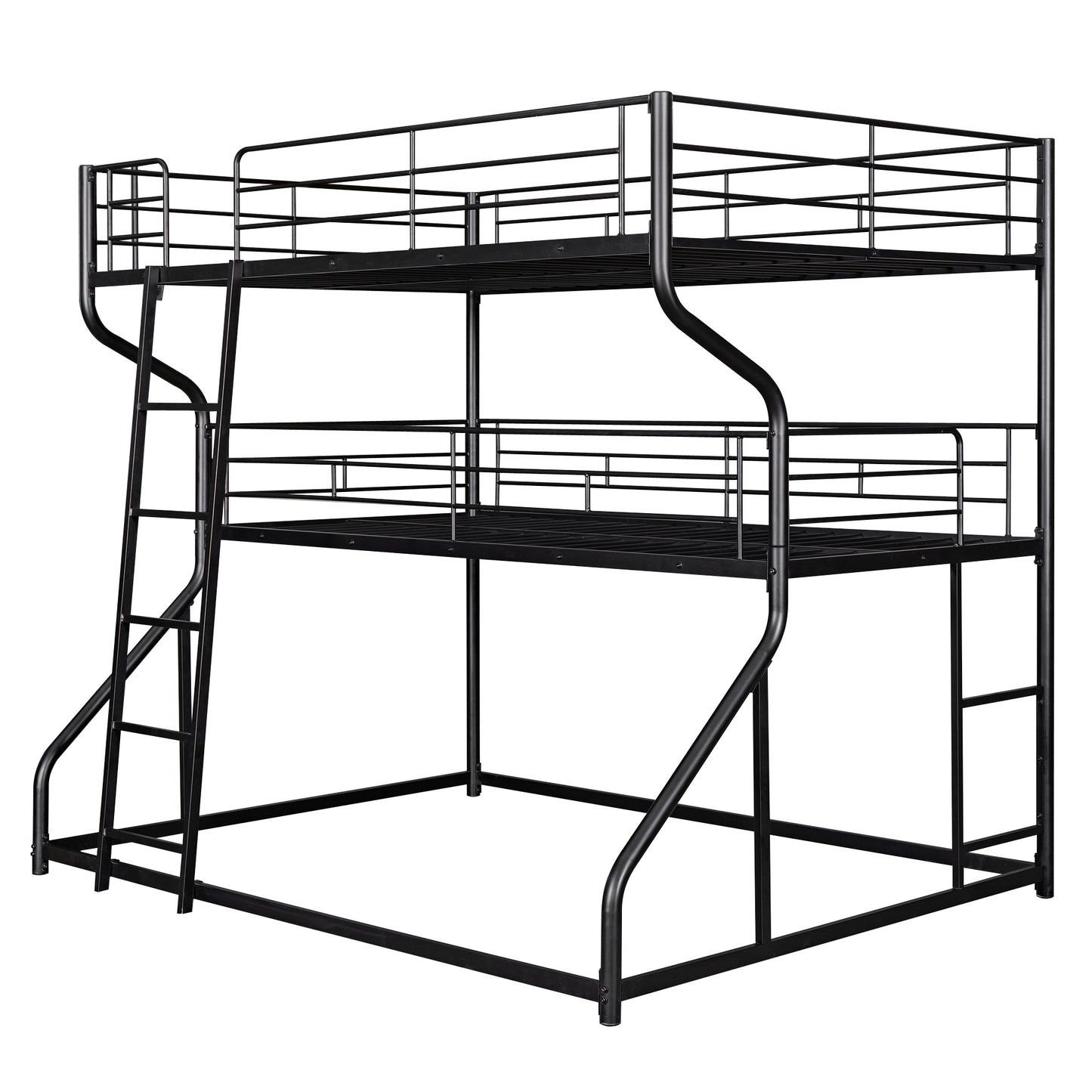 Black Industrial-Style Triple Bunk Bed with Full XL, Twin XL, Queen Configuration and Dual Ladders - Metal Frame, Space-Saving Design