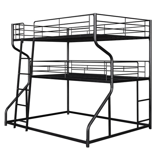 Black Industrial-Style Triple Bunk Bed with Full XL, Twin XL, Queen Configuration and Dual Ladders - Metal Frame, Space-Saving Design