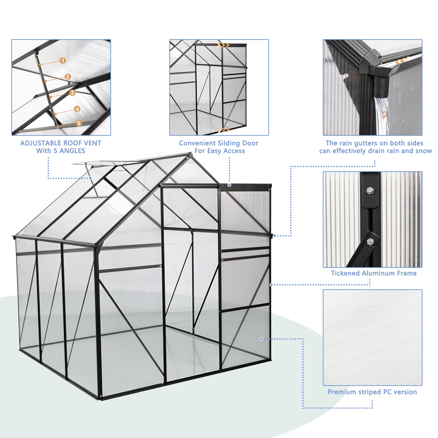 6X6FT-BLACK Polycarbonate Greenhouse Raised Base and Anchor Aluminum Heavy Duty Walk-in Greenhouses for Outdoor Backyard in All Season (W540S00002)