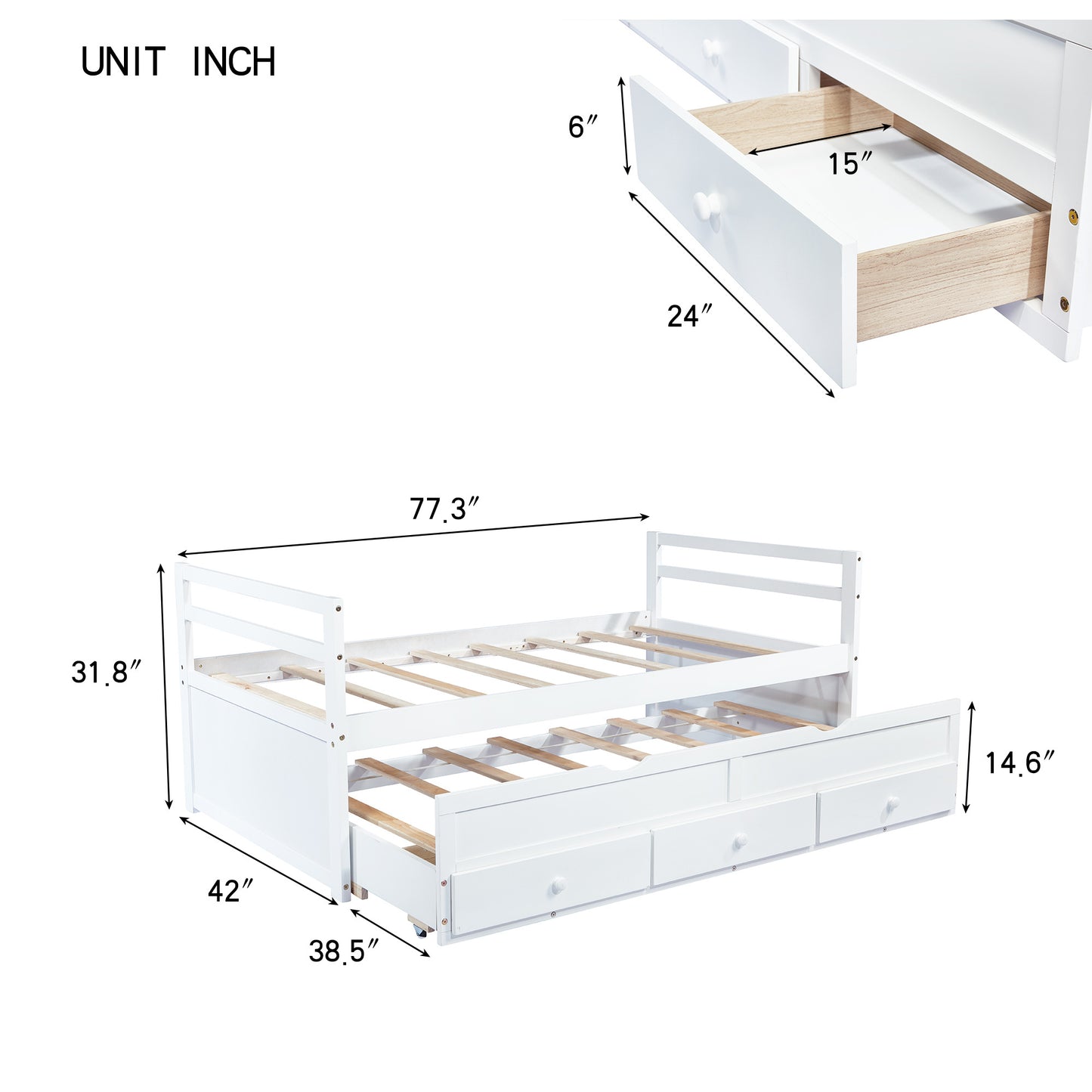 Twin Size Bed with Headboard, Footboard, Trundle and Three Storage Drawers, Twin Size Pine Wood Bed with Headboard, Footboard,White