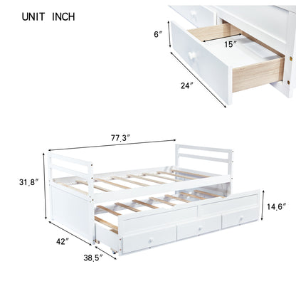 Twin Size Bed with Headboard, Footboard, Trundle and Three Storage Drawers, Twin Size Pine Wood Bed with Headboard, Footboard,White