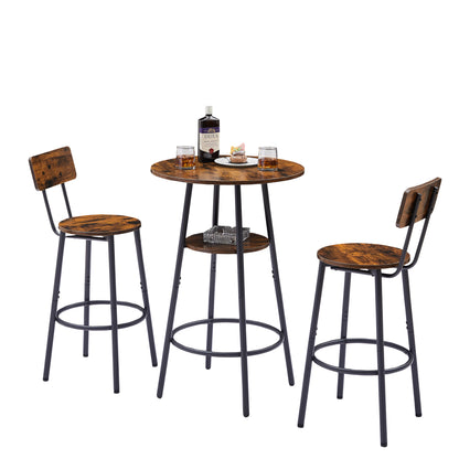 Round bar stool set with shelves, stool with backrest Rustic Brown, 23.6'' Dia x 35.4'' H