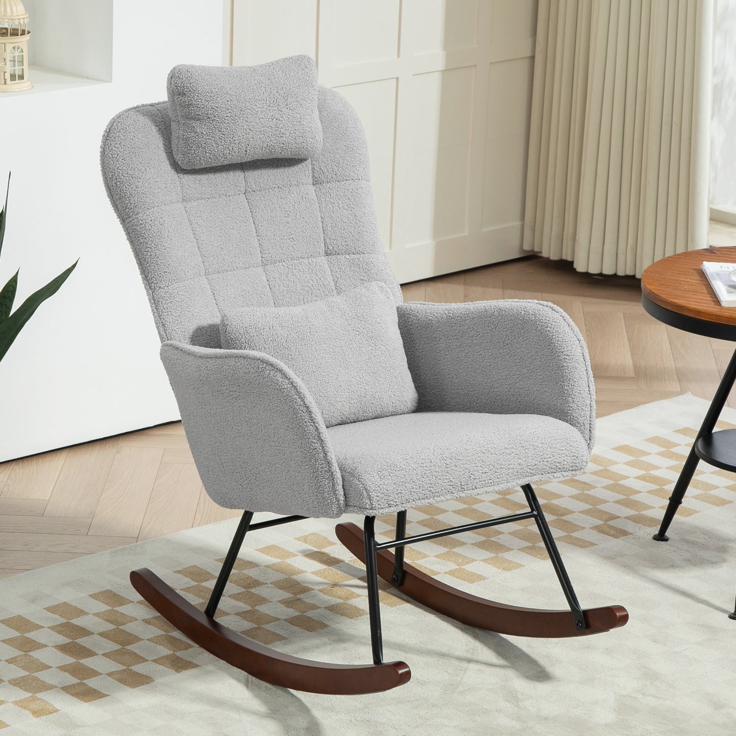 HOMCOM Upholstered Rocking Chair with Headrest and Lumber Pillow, Boucle Modern Rocker Chair with High Back, Steel Frame and Beech Wood Base for Living Room, Bedroom, Light Gray