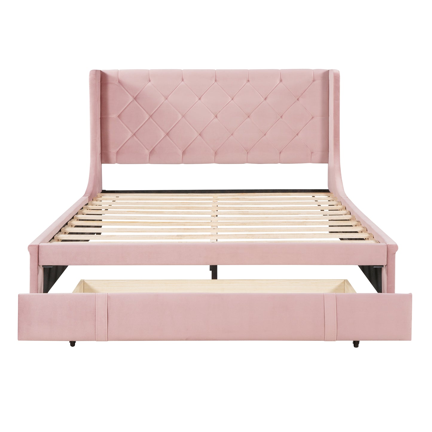 Queen Size Storage Bed Velvet Upholstered Platform Bed with Wingback Headboard and a Big Drawer (Pink)