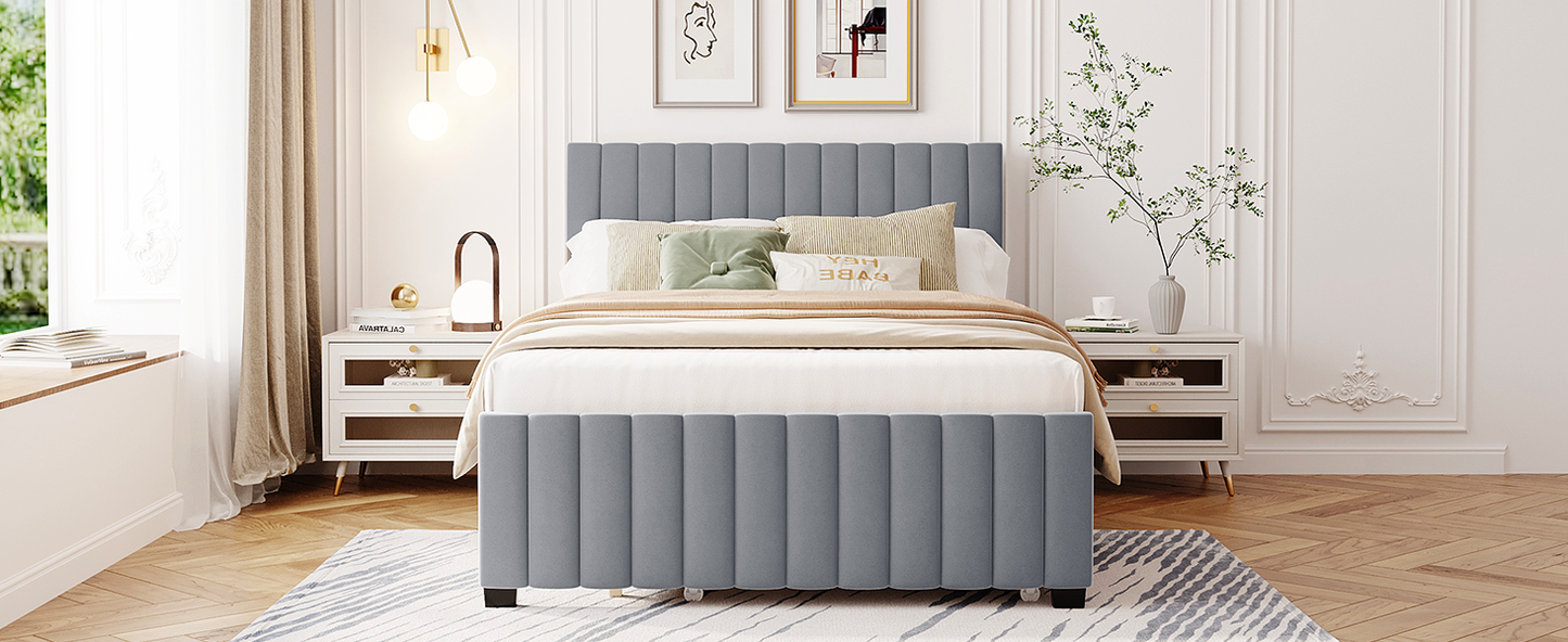 Full Size Velvet Upholstered Platform Bed with Twin Size Trundle, Gray