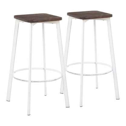 Clara Industrial Square Barstool in Vintage White Metal and Espresso Wood-Pressed Grain Bamboo by LumiSource - Set of 2