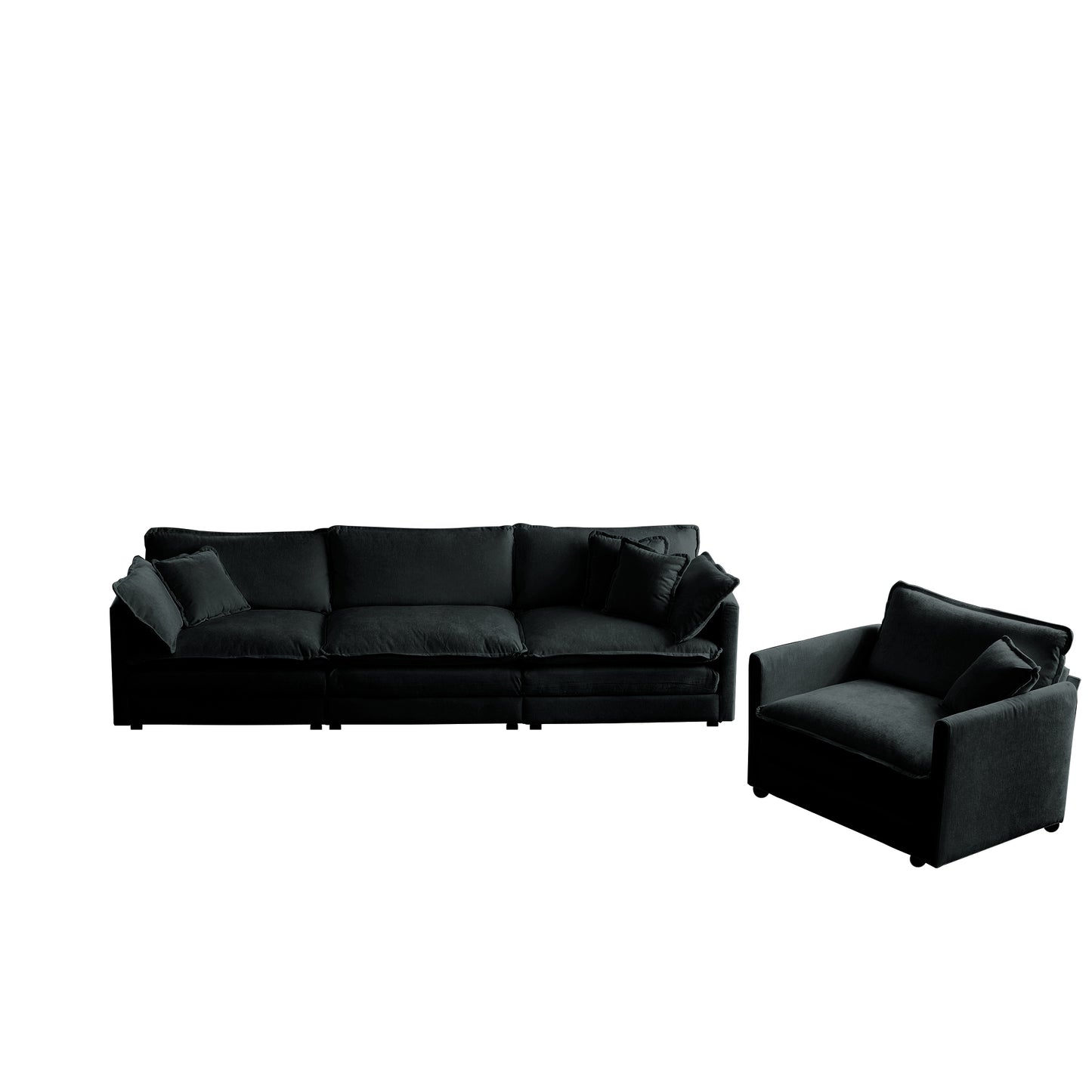 Sofa Set of 3, 1+1+3 Seats Living Room Sofa Set, Accent Chair, Loveseat, and Three-Seat Sofa Modern Style Round Arms 3 Piece Sofa Set, Black Chenille