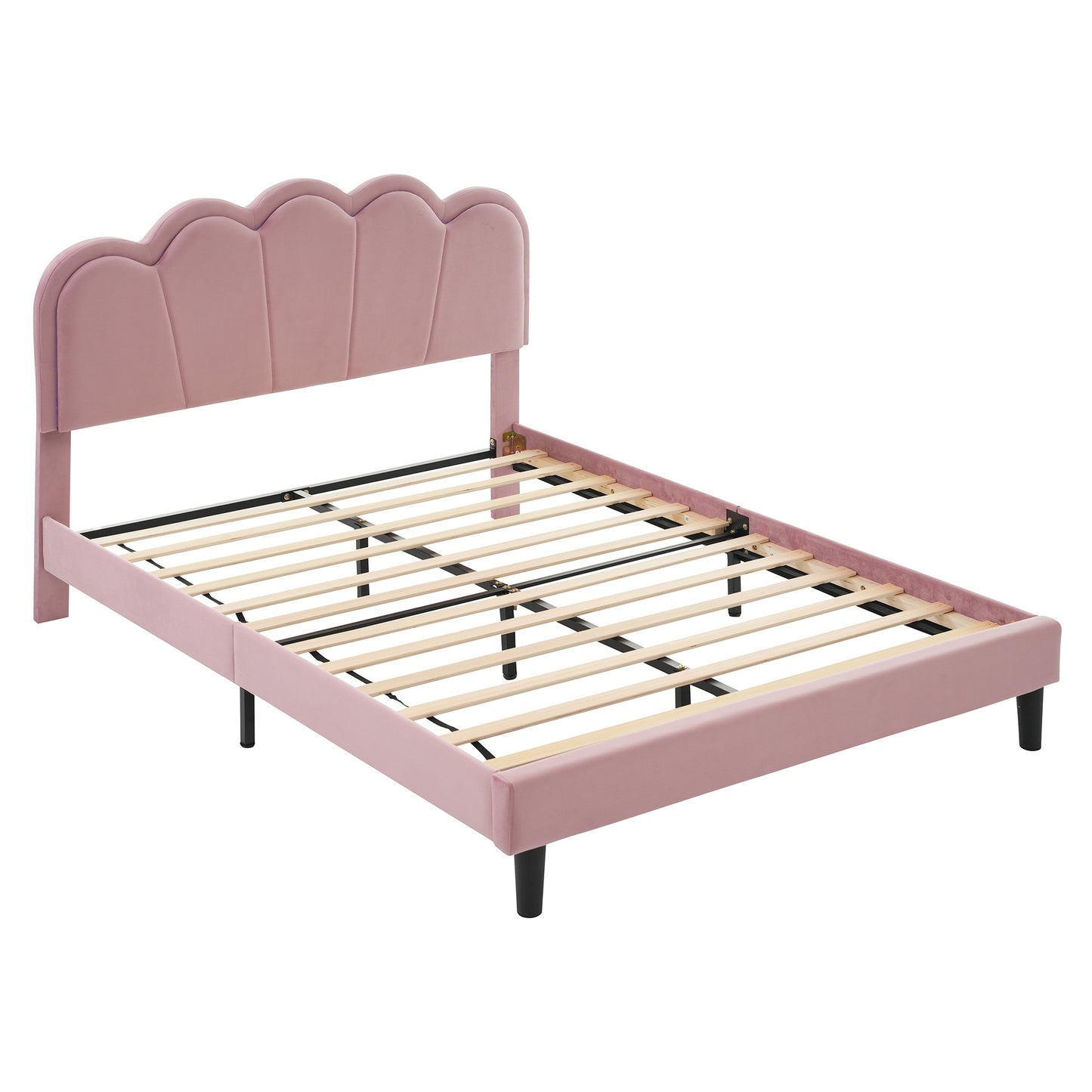 Queen Upholstered Smart LED Bed Frame with Elegant Flowers Headboard,Floating Velvet Platform LED Bed with Wooden Slats Support,Pink