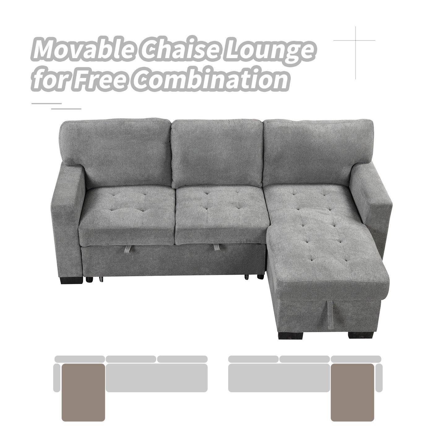 Stylish and Functional Light Chaise Lounge Sectional with Storage Rack Pull-out Bed Drop Down Table  and USB Charger Gray