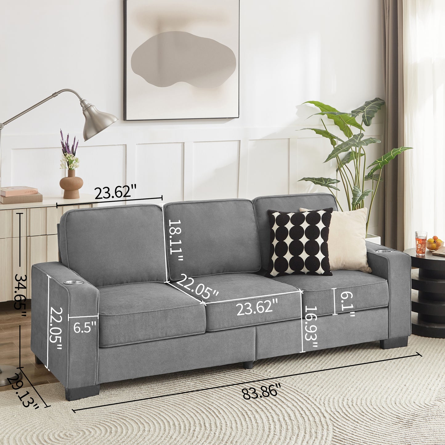 83.86"Snowfleece Fabric sofa,Modern Compressed Couch,3-Seater Sofa, Furniture for Living Room,Bedroom,office ,Gray