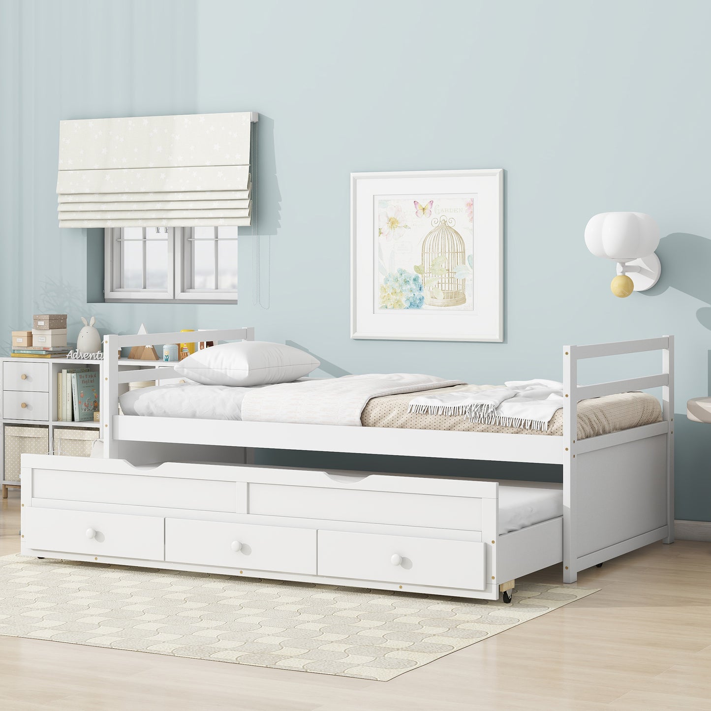 Twin Size Bed with Headboard, Footboard, Trundle and Three Storage Drawers, Twin Size Pine Wood Bed with Headboard, Footboard,White