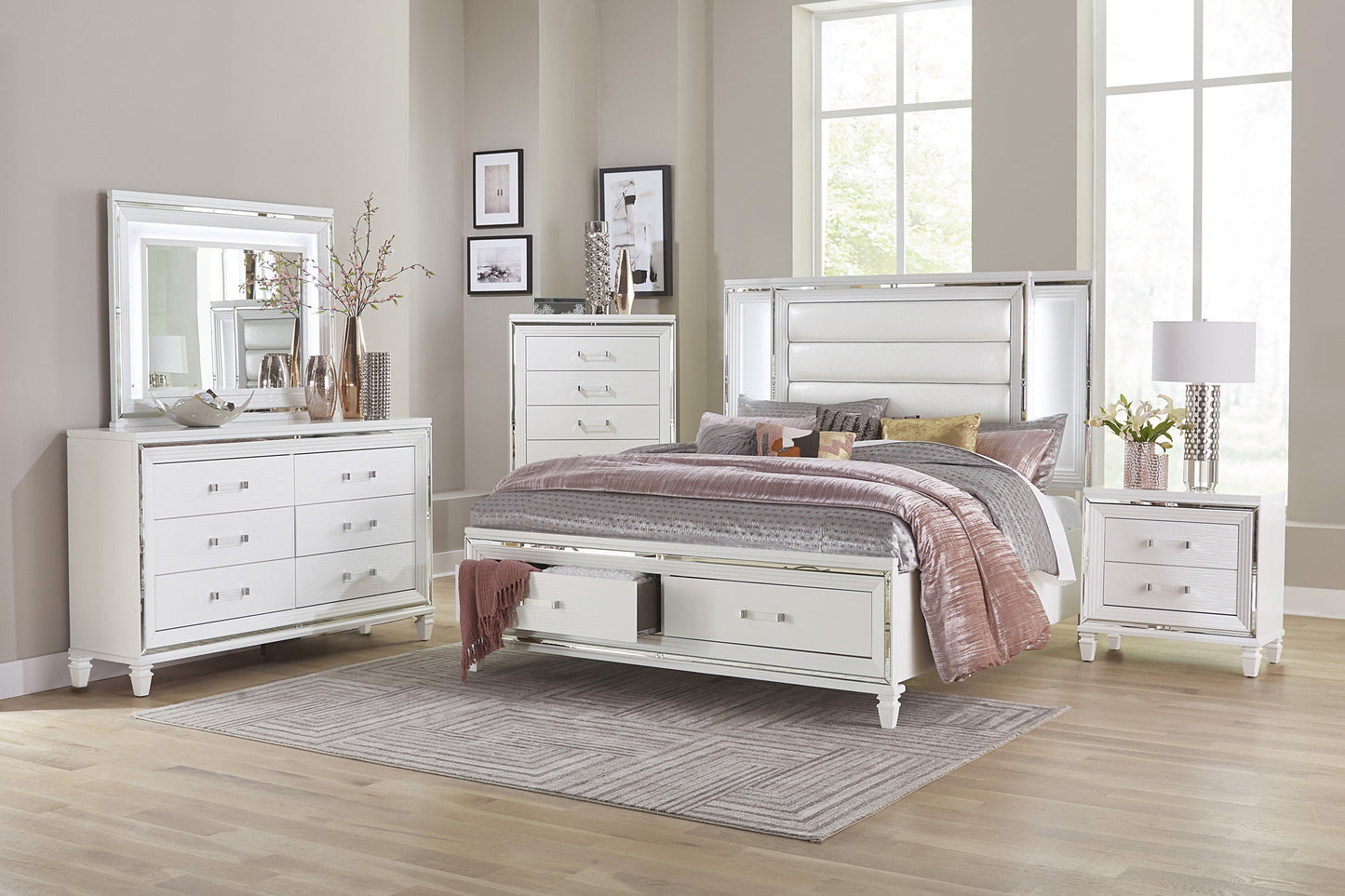 Glamorous White Silver Finish 1pc Nightstand of 2x Drawers Acrylic Bar Pulls Stylish Bedroom Furniture