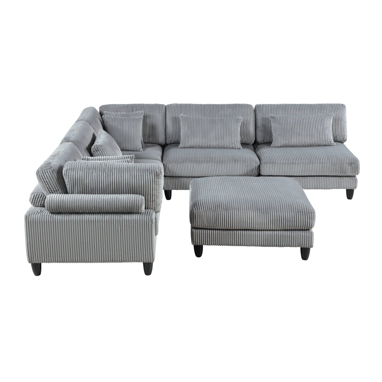6pc Modular Sectional Set Gray Corduroy Upholstery 3x Armless Chairs 2x Corner Seats 1x Ottoman Pillows Living Room Furniture