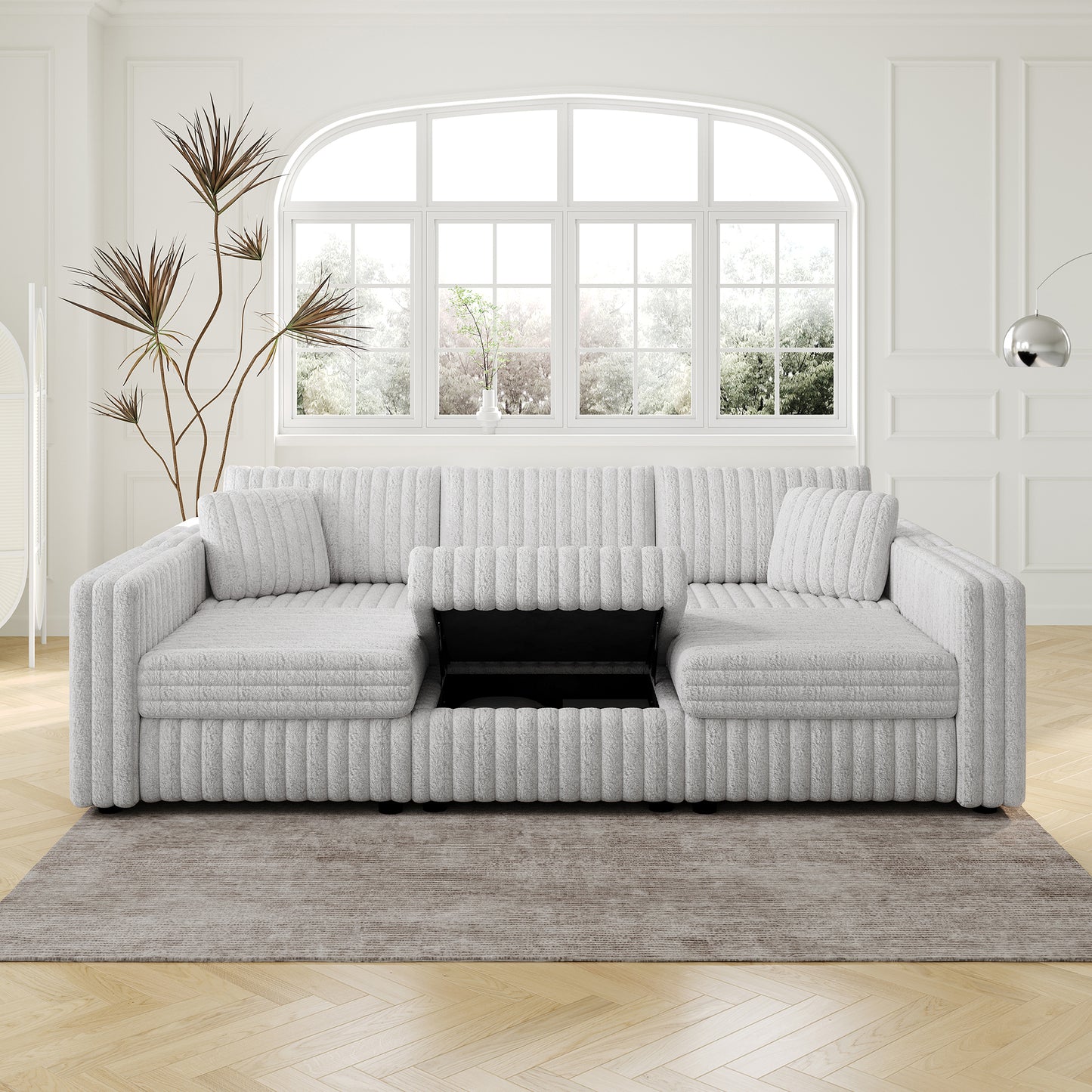 106.3" Soft  U-shaped 6-Person Sofa. Matches 30.7" Ottoman with Hydraulic Lift. Comfortable & Stylish. For Bedroom & Living Room. Light Gray. Modern Furniture. Modular Design.