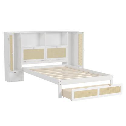 Twin Size Wooden Bed with Two Storage Lockers, Drawer, and Storage Shelf on Headboard, Multifunctional Platform Bed with Natural Rattan, White