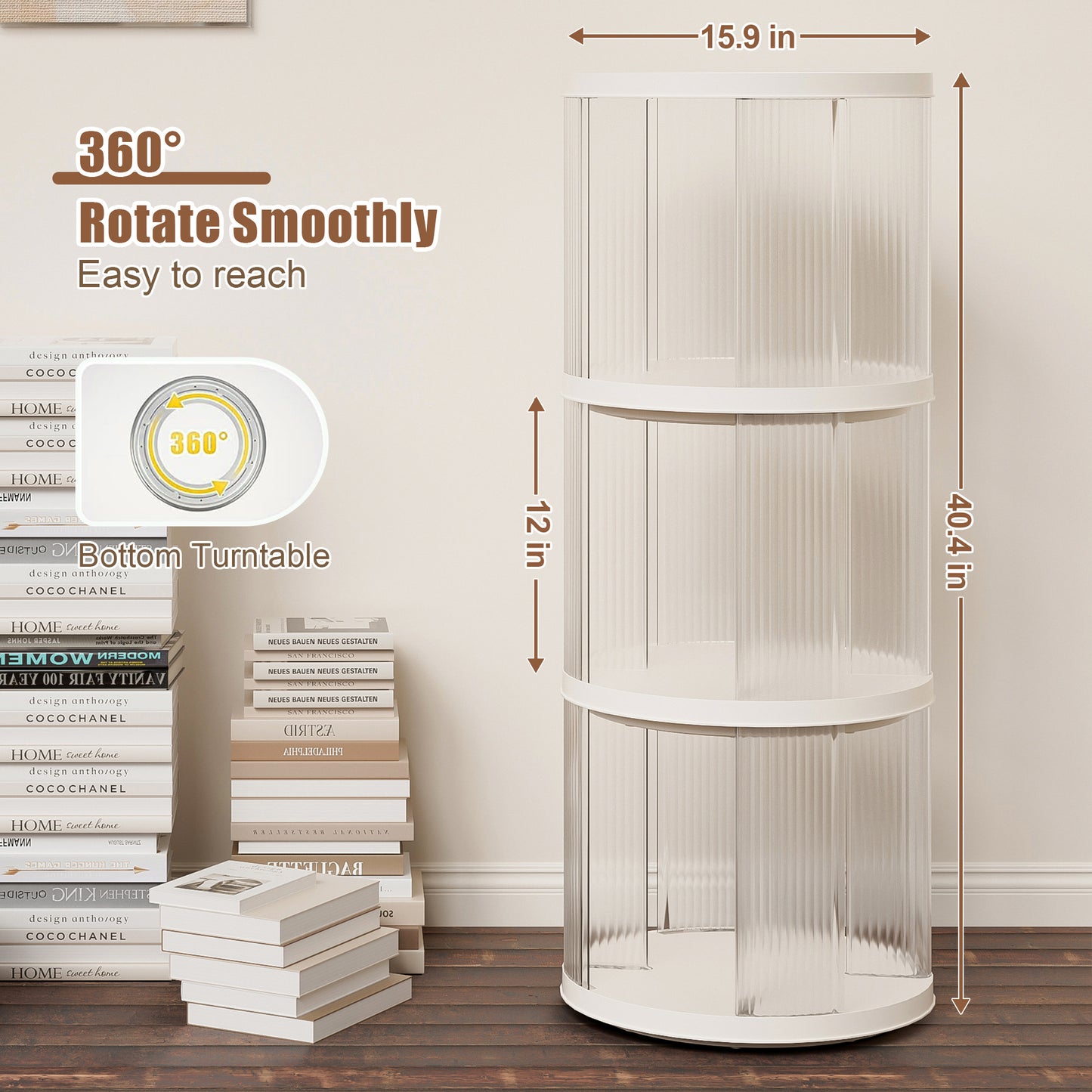 360° Rotating Bookshelf, Small Corner Bookcase with Small Footprint, 3 Tier Floor Standing Bookcasefor Kids&Adults,  Narrow Book Shelf Organizer for Bedroom, Living Room, Round, White