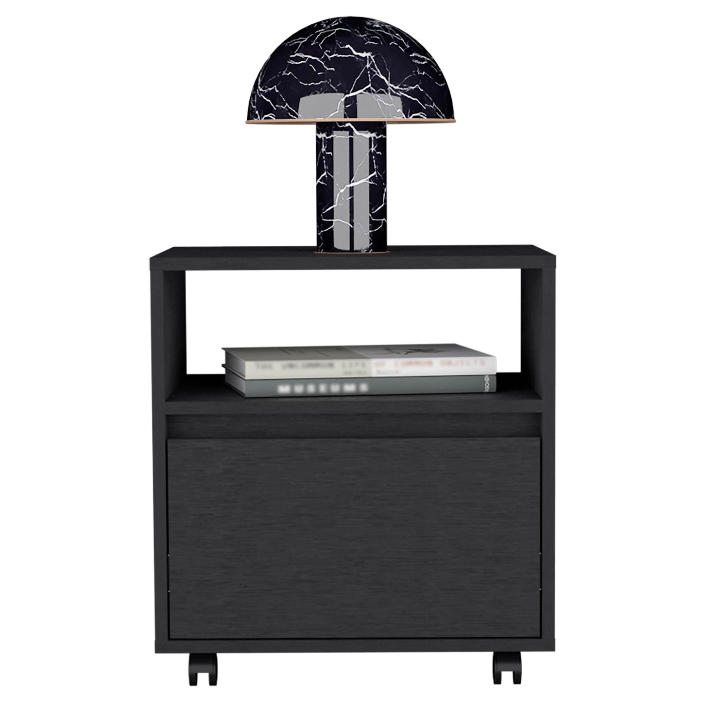 Nightstand 20"H, with One Open Shelf, 1 Drawer and Casters, Black