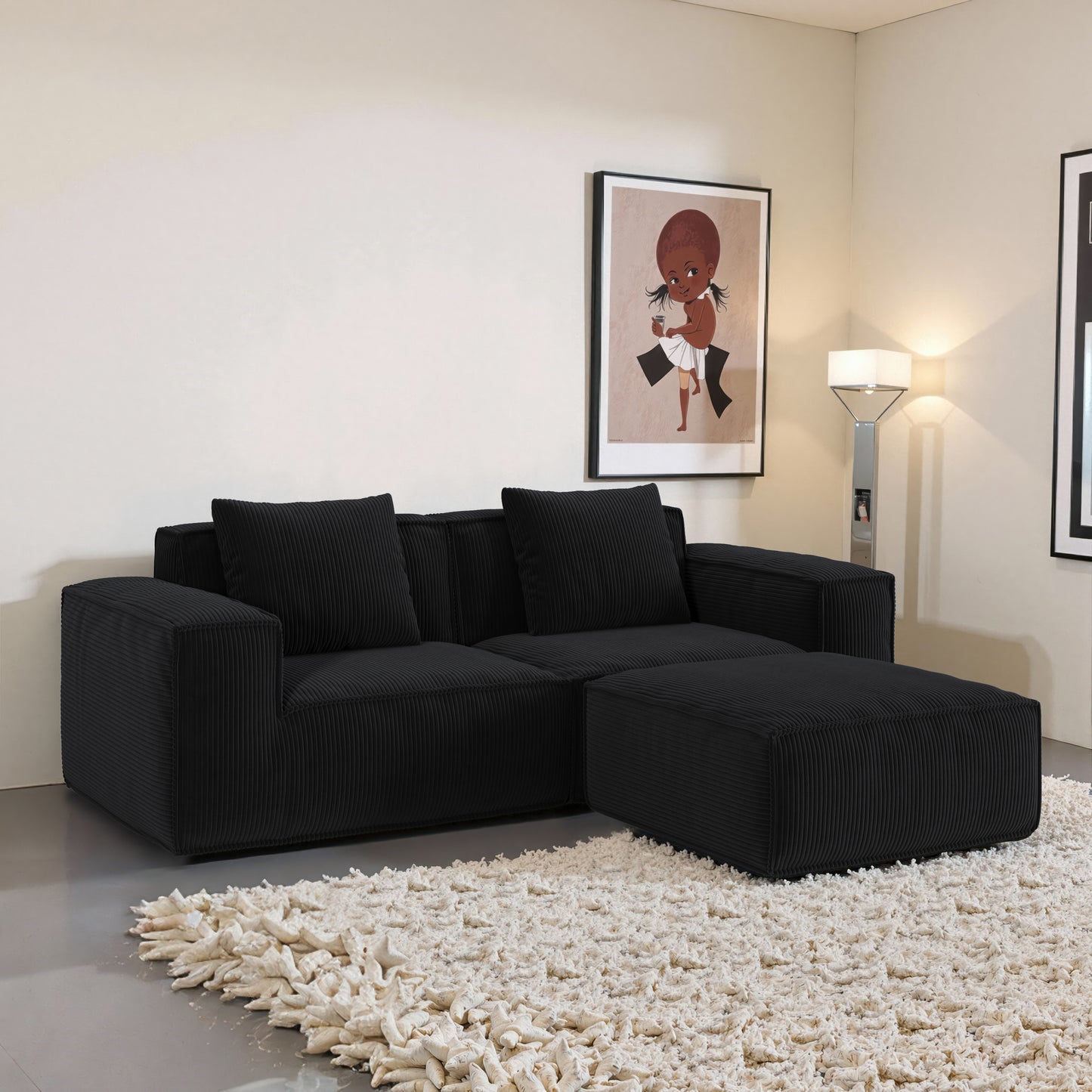 modular sofa can be converted into an oversized sofa bed Free conversion sofa set flexible configuration, soft corduroy cloud velvet fabric two person combination with footrest -black