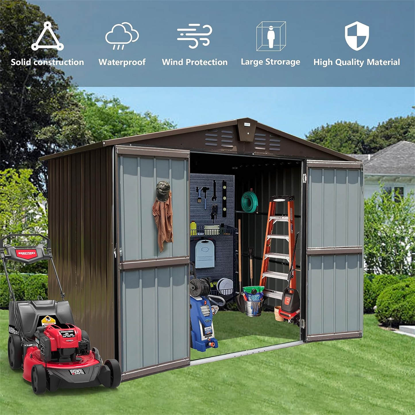 Outdoor Storage Shed 8.2' x 6.2', Metal Steel Utility Tool Shed Storage House with Double Lockable Doors & Air Vents for Backyard Patio Garden Lawn Brown