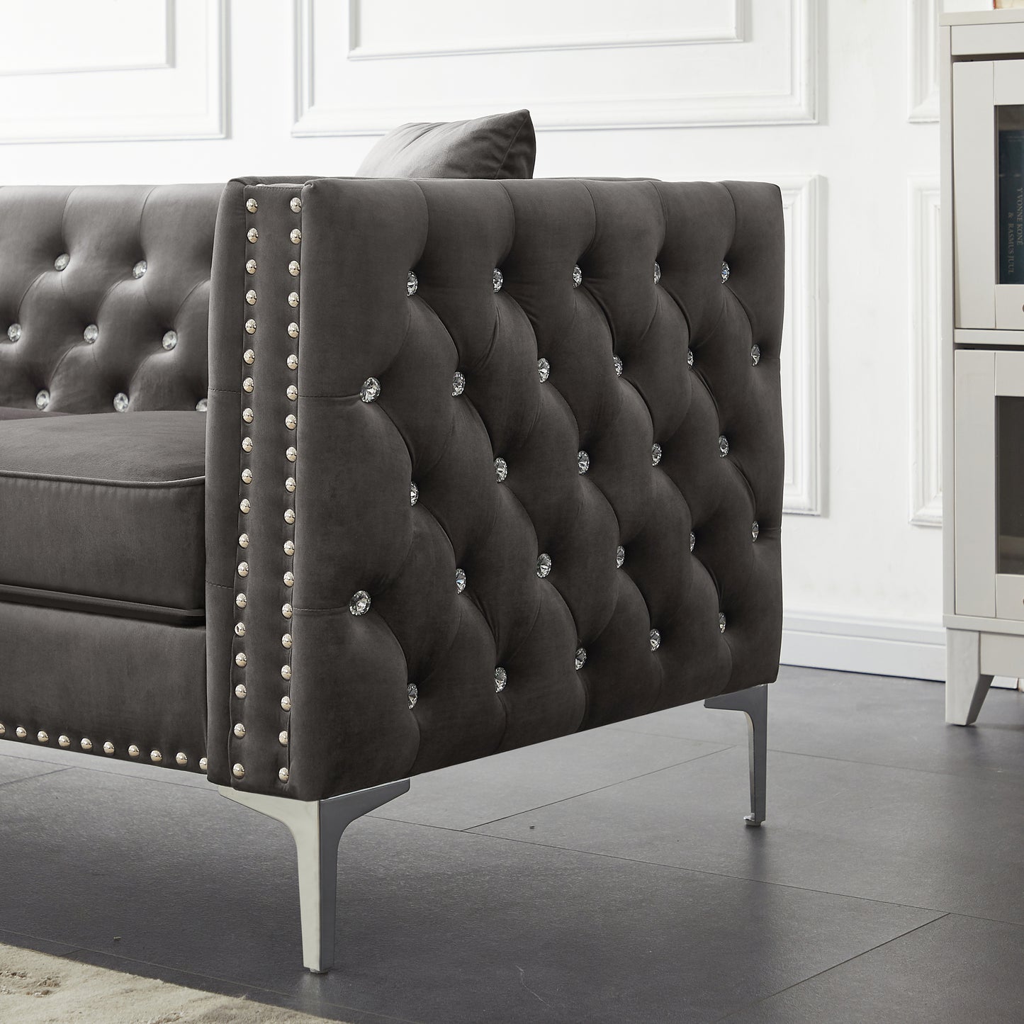 82.3" Width Modern Velvet Sofa Jeweled Buttons Tufted Square Arm Couch Grey,2 Pillows Included