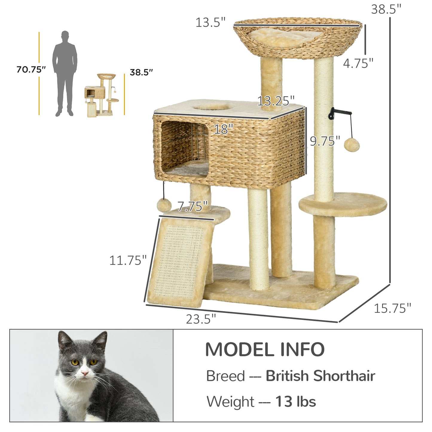 PawHut 38" Cat Tree for Indoor Cats, Cat Tower with Scratching Posts, Ramp, Condo, Toy Balls, Platform, Bed, Ramp, Beige