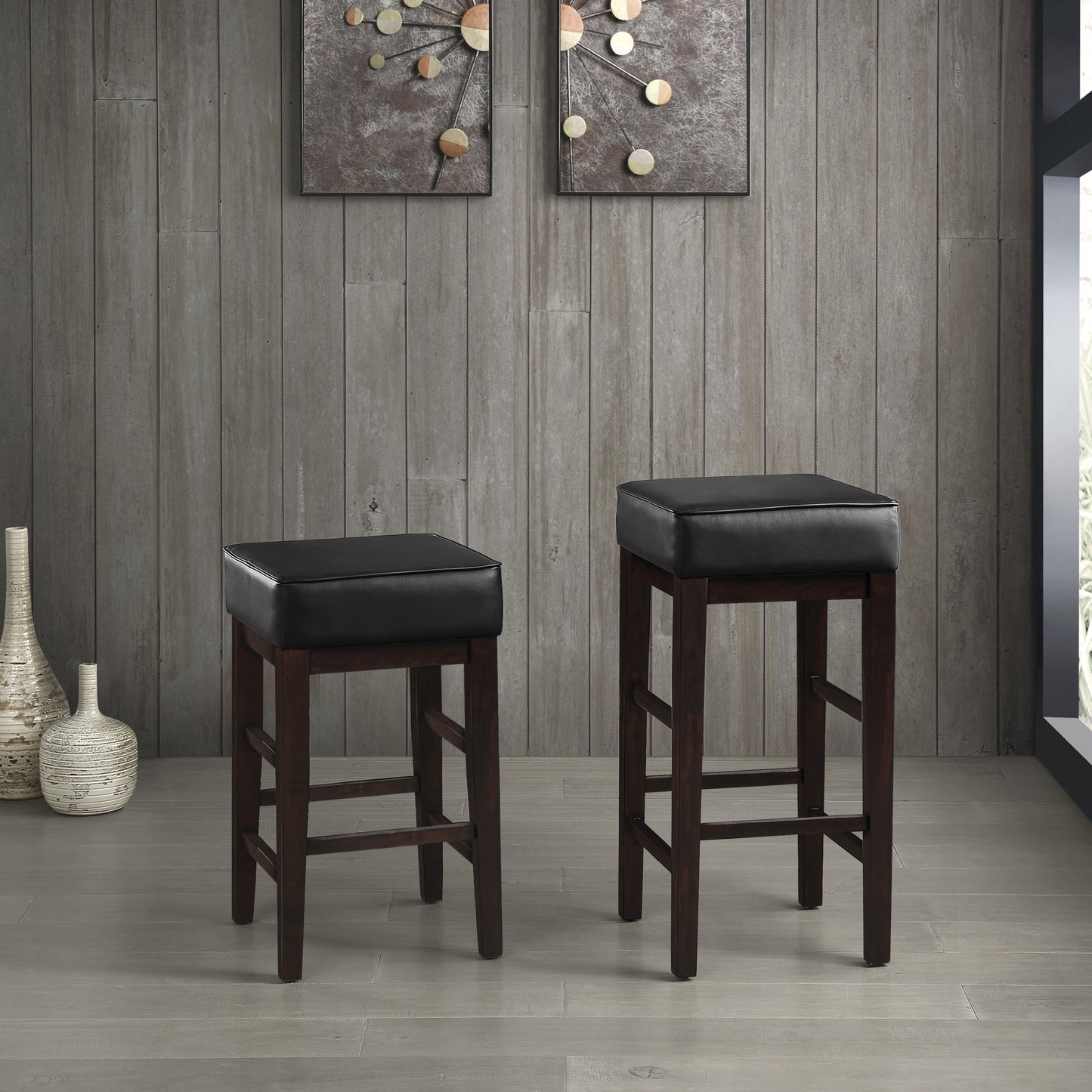 Transitional Black Faux Leather Seat 24-inch Counter Height Stools Set of 2, Espresso Finish Solid Wood Frame