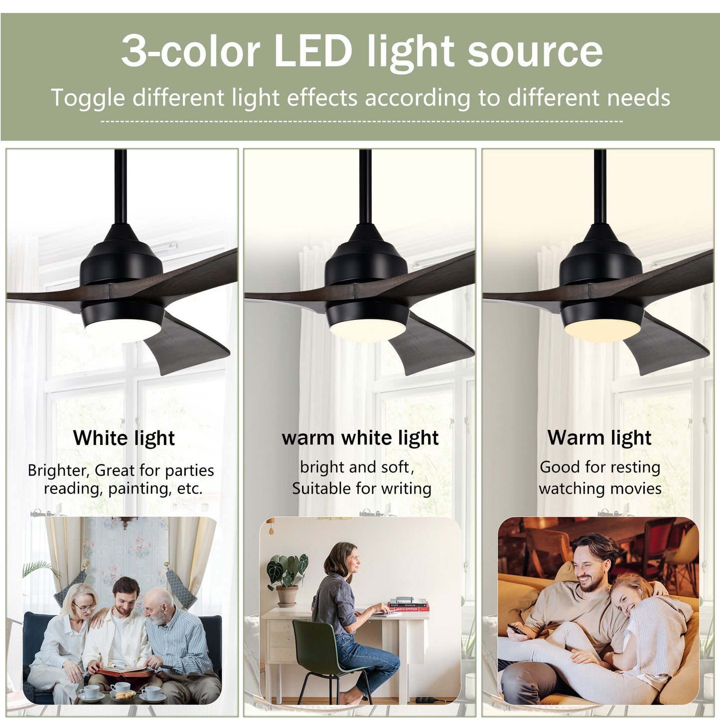 52" Ceiling Fan with Lights Remote Control,Quiet DC Motor 3 Blade Ceiling Fans 6 Speed Levels,Reversible Ceiling Fan, for Patio Living Room, Bedroom, Office,Indoor.(Matte Black +Black Walnut )