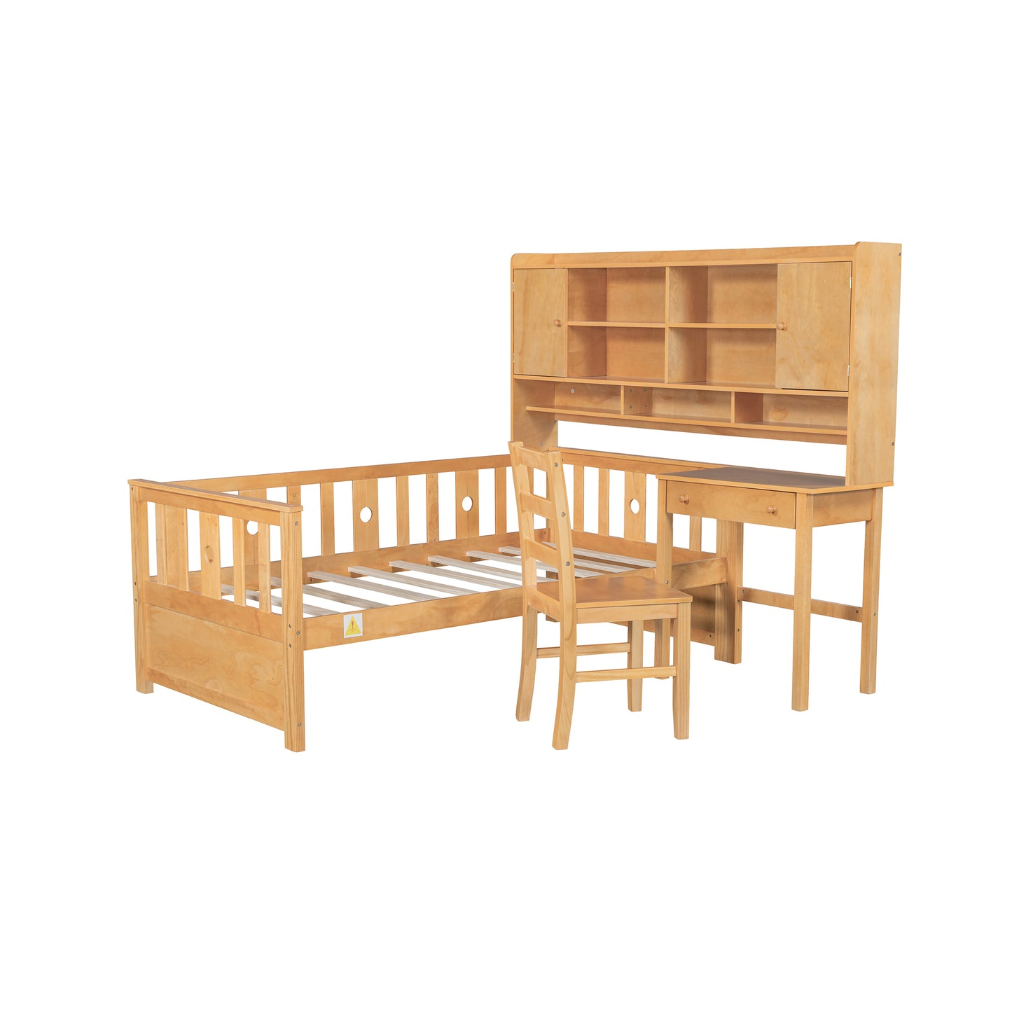 Twin Size Multifunctional Wood Platform Bed with Bookshelf at the Head of the Bed, Built-in Desk and Matching Chair, Natural