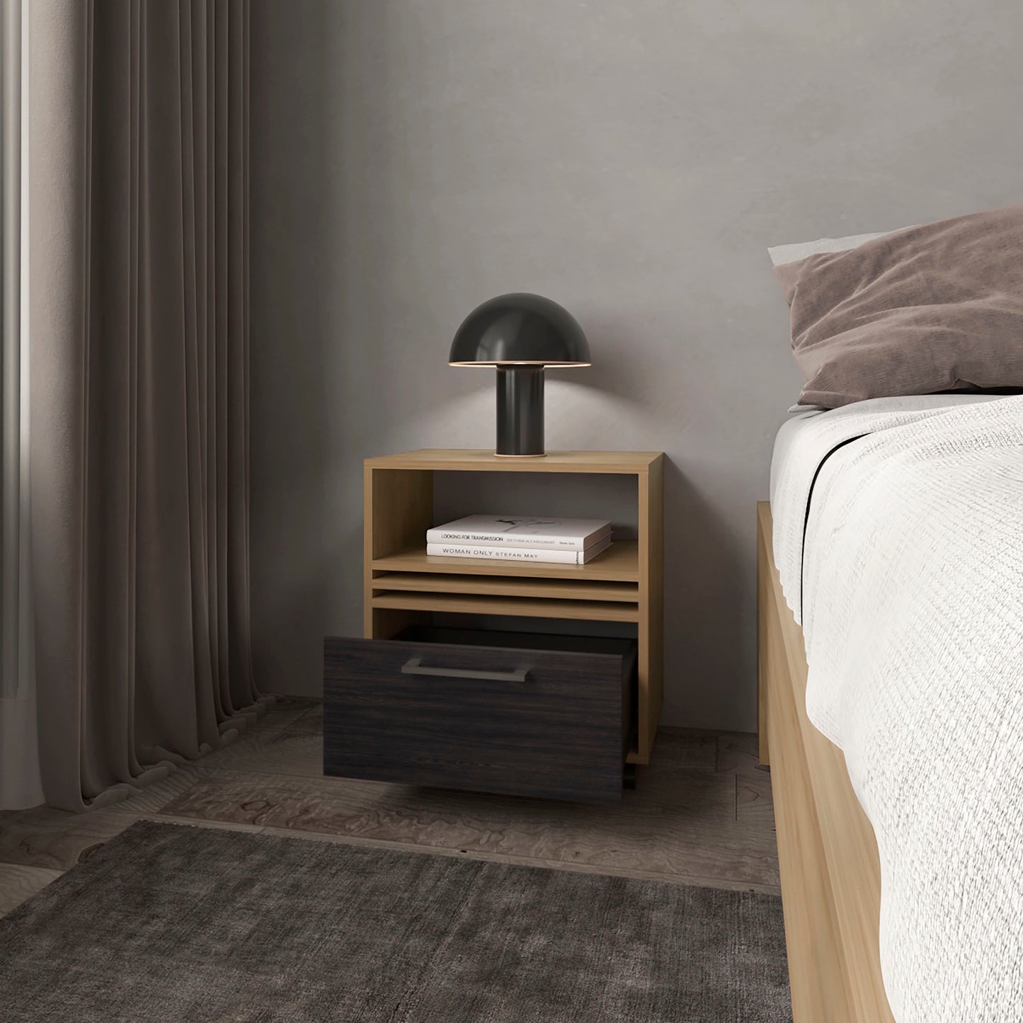 Saxon Nightstand with a Drawer and Open Storage, Natural Oak