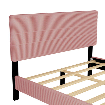 Queen Size Corduroy Upholstered Bed Frame, Platform Bed with Horizontal Stripe Headboard, No Box Spring Needed, Pink