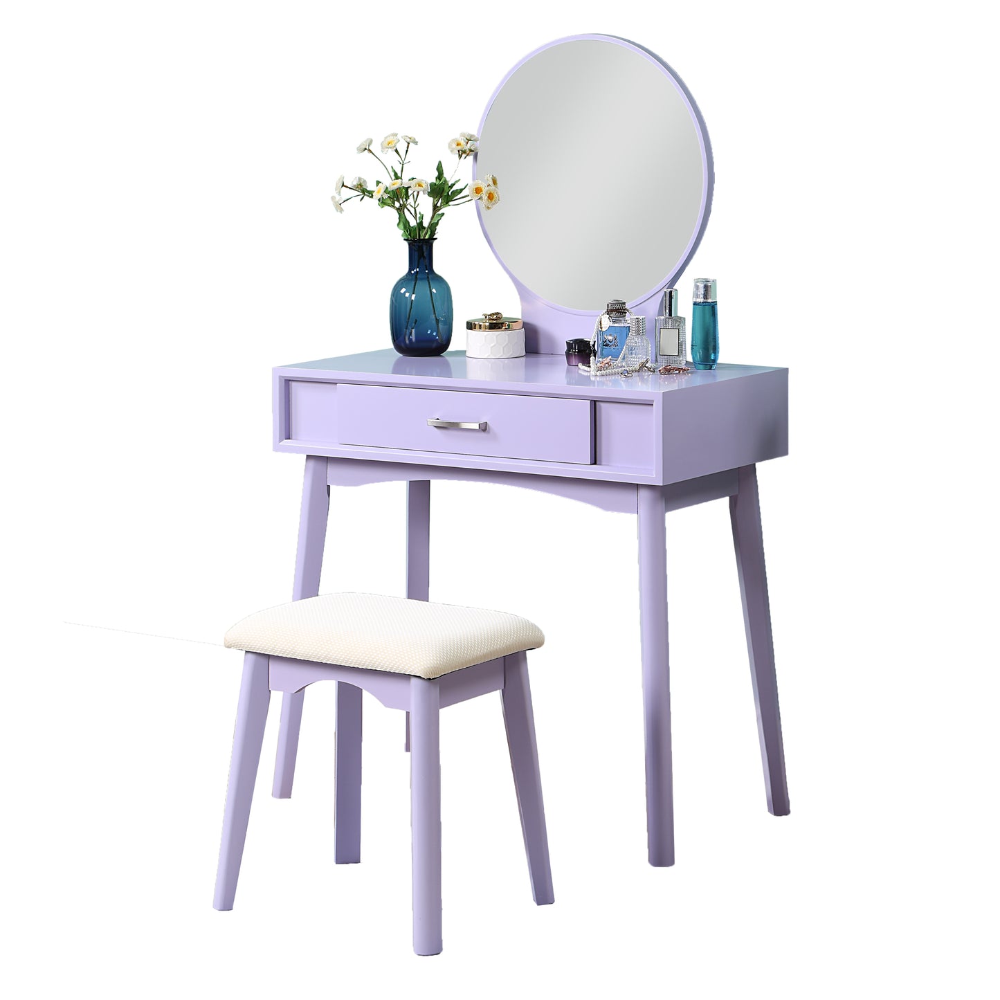 Maly Contemporary Wood Vanity and Stool Set, Purple