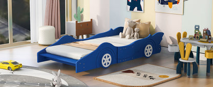 Twin Size Race Car-Shaped Platform Bed with Wheels,Blue