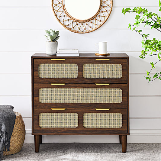 3 drawer dresser, modern rattan dresser cabinet with wide drawers and metal handles, farmhouse wooden storage chest of drawers for room, living room, hallway, entrance, office