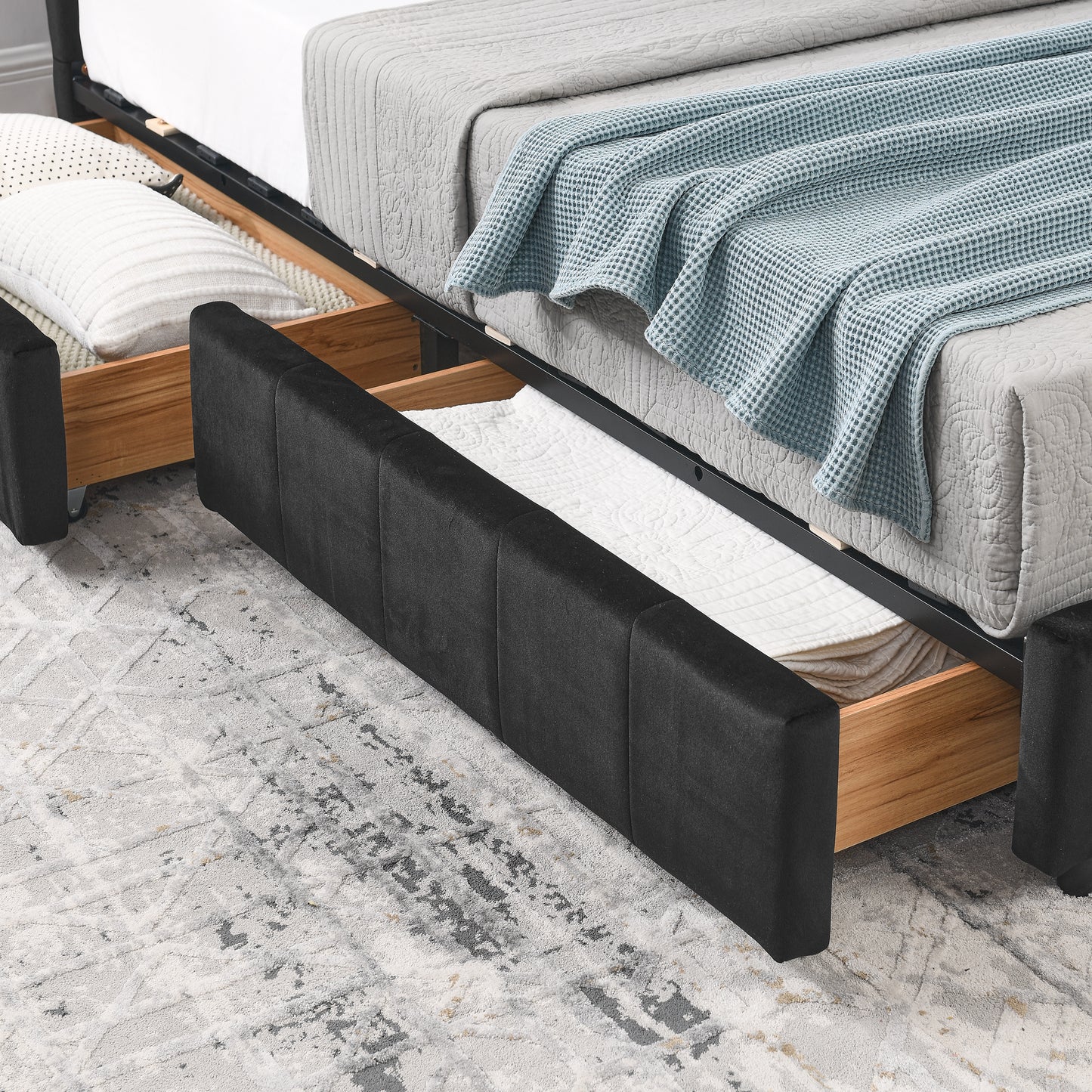 Full Size Storage Upholstered Tufted Bed Frame, Sofa Bed Frame with Comfortable Backrest and Armrests, Full Size Bed for Bedroom, Living Room,Velvet, BLACK(80.5''*59''*29.5'')