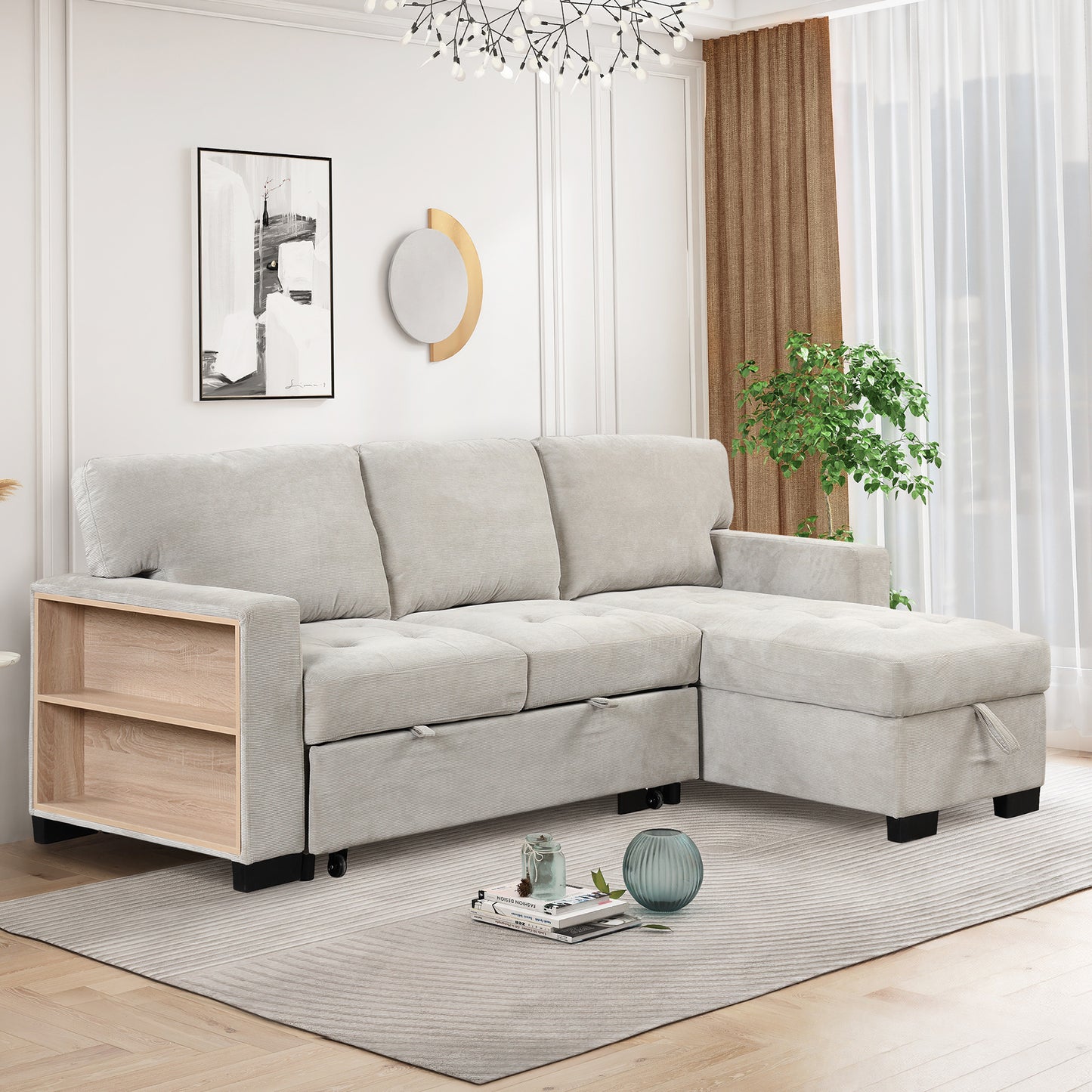 Stylish and Functional Light Chaise Lounge Sectional with Storage Rack Pull-out Bed Drop Down Table  and USB Charger Light Gray