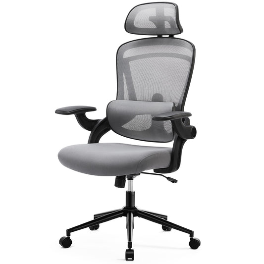 High Back Desk Chair with Adjustable Lumbar Support & Headrest,Comfortable Mesh Computer Chair with Soft Flip Up Arms, Adjustable Height and 120°Tilt,gray