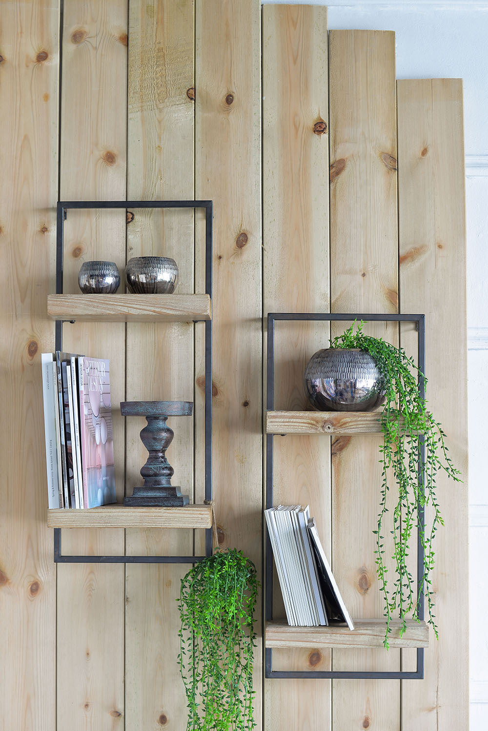 12x6x27" Iron and Wood Wall Shelf With Two Shelves