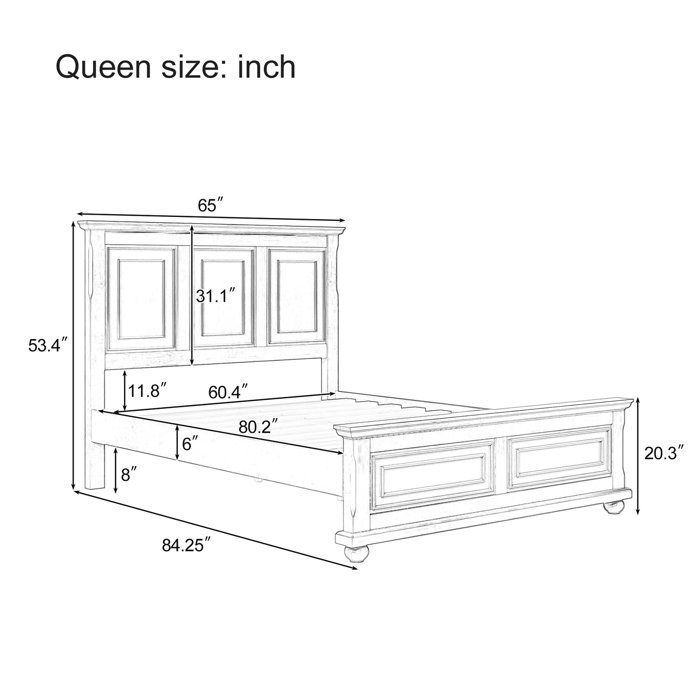 Traditional Town and Country Style Pinewood Vintage Queen Bed, White