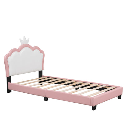 Twin size Upholstered Princess Bed With Crown Headboard,Twin Size Platform Bed with Headboard and Footboard,White+Pink