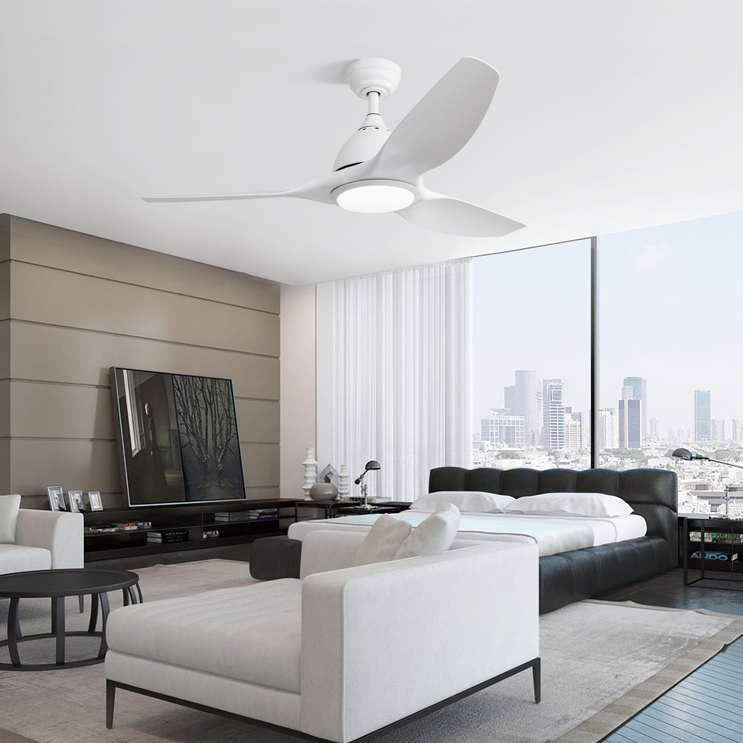 52 Inch Ceiling Fan with Light and 6-speed Remote Control 3 ABS Fan Blades White for Bredoom Patio