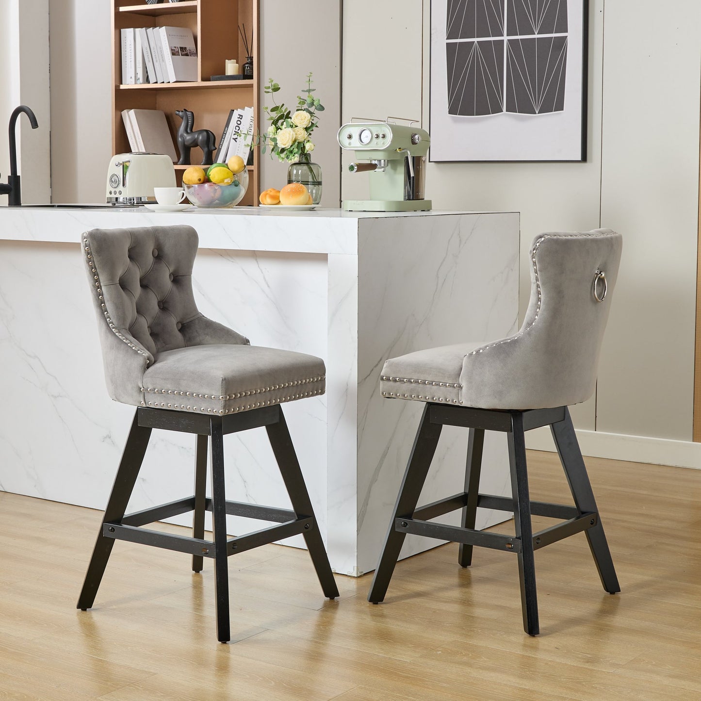 Swivel Velvet Barstools with Button Tufted Decoration and Wooden Legs, and Chrome Nailhead Trim, Leisure Style Bar Chairs,Bar stools, Set of 2 (Gray),SW1860GY