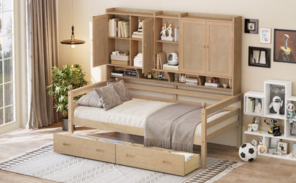 Twin Size Wooden Storage Daybed Frame with Bookcase Headboard and Two Under-bed Drawers for Bedroom Living Room, No Box Spring Needed,Natural