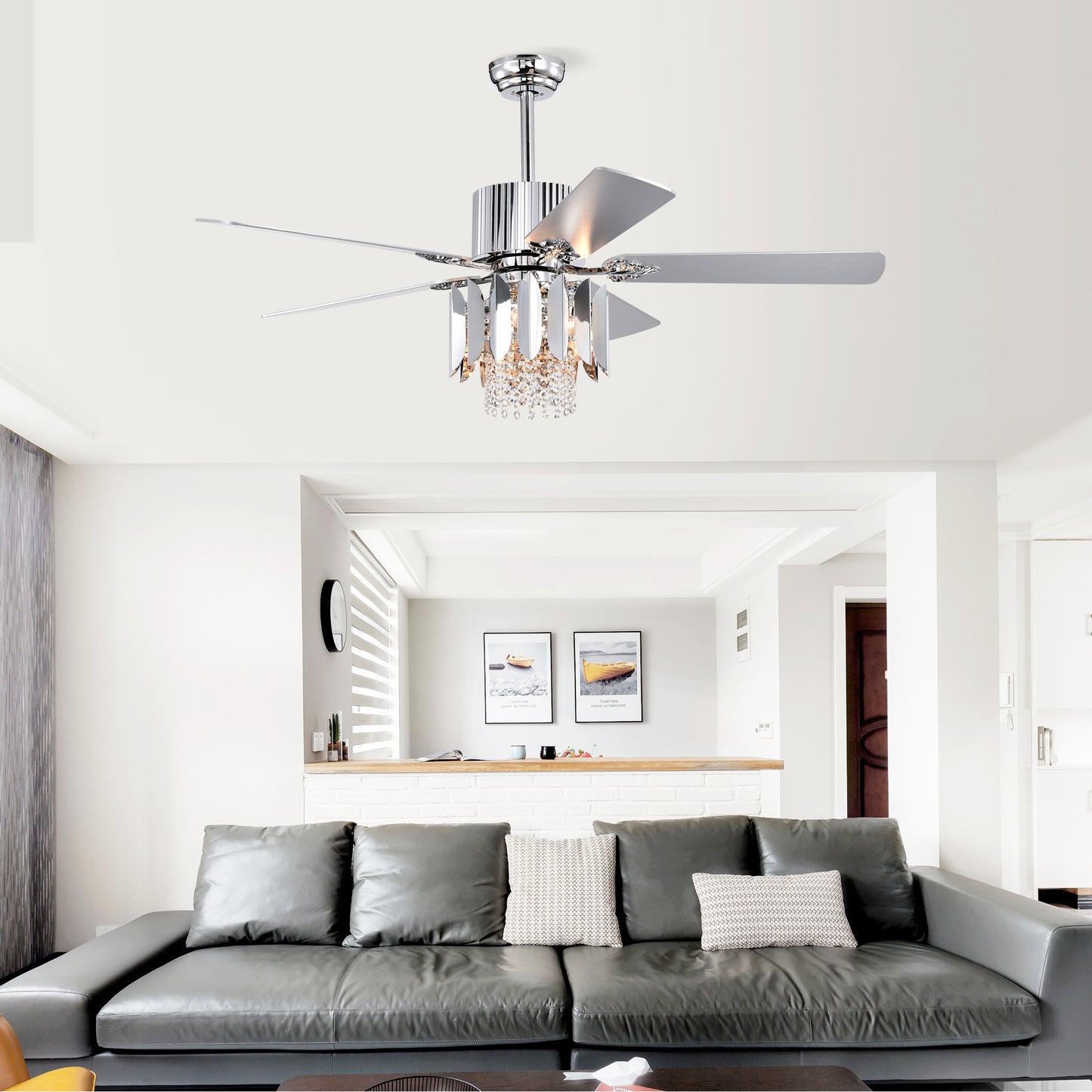 Crystal Ceiling Fan Reversible Blades 3 Wind Speeds Remote Control for Bedroom Living Dining Room --Chrome