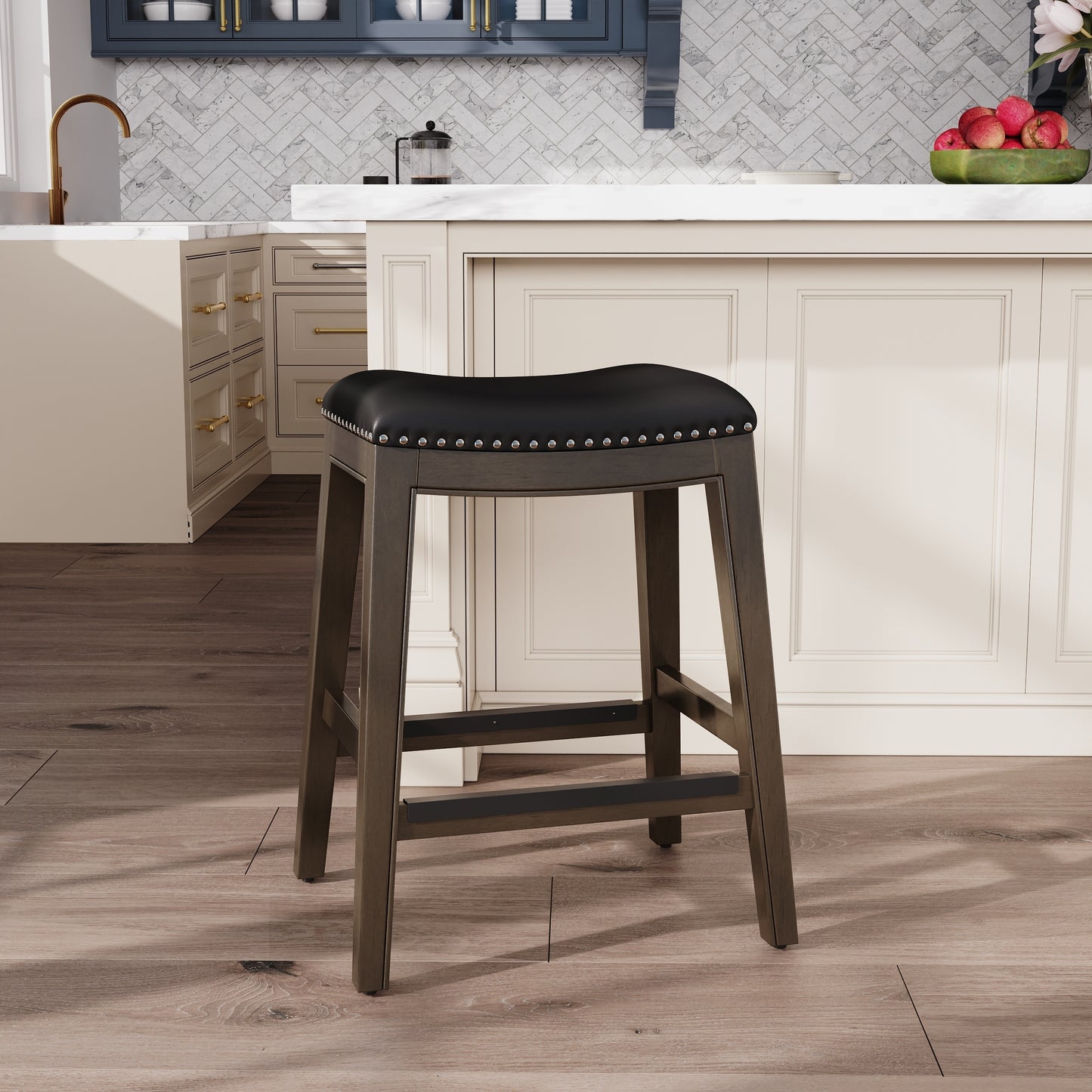 24" Counter Height Saddle Stool, Weathered Gray Finish, Black Leather Seat