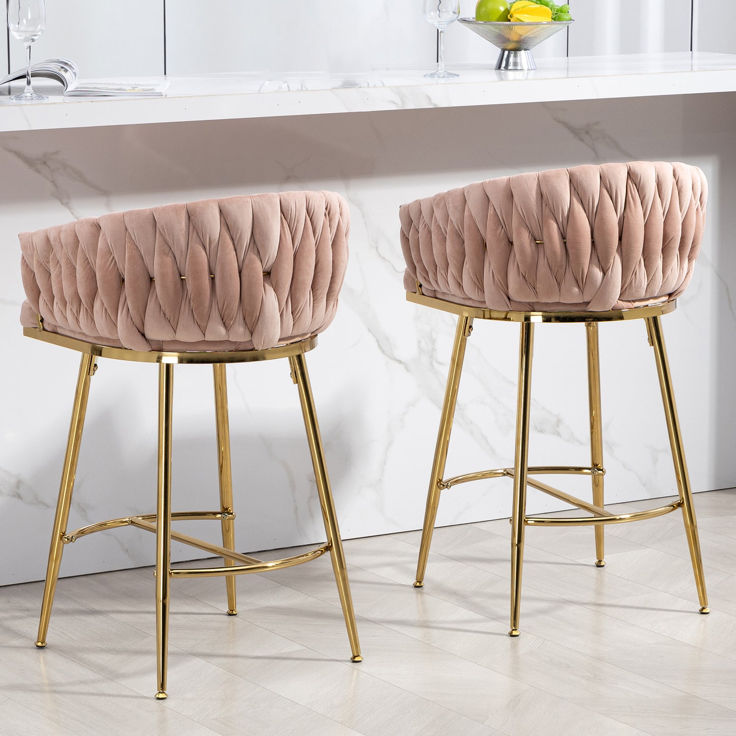 26'' Counter height bar stools Set of 2 kitchen island counter bar stool with hand- wave back,golden chromed base and footrest(PINK)