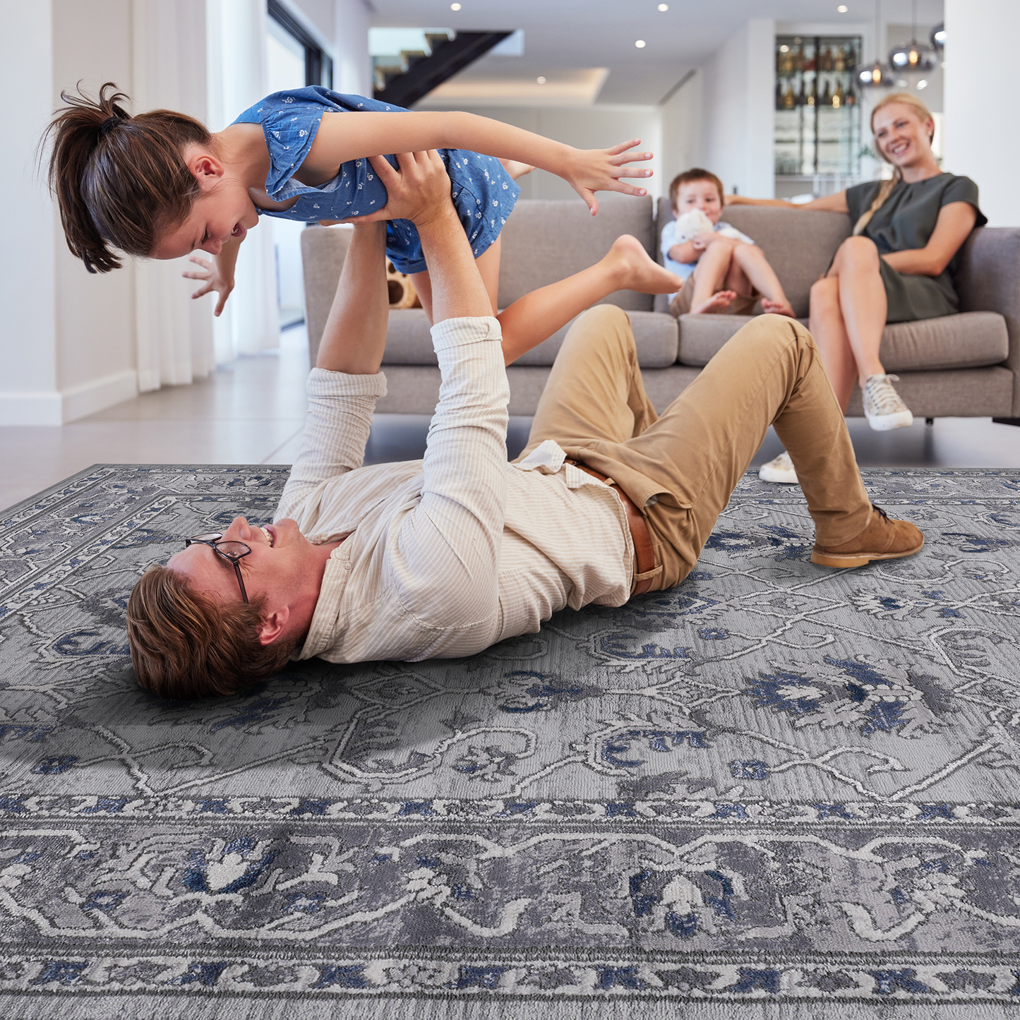 5X7 Grey/Blue/Oriental Non-Shedding Living Room Bedroom Dining Home Office Stylish and Stain Resistant Area Rug