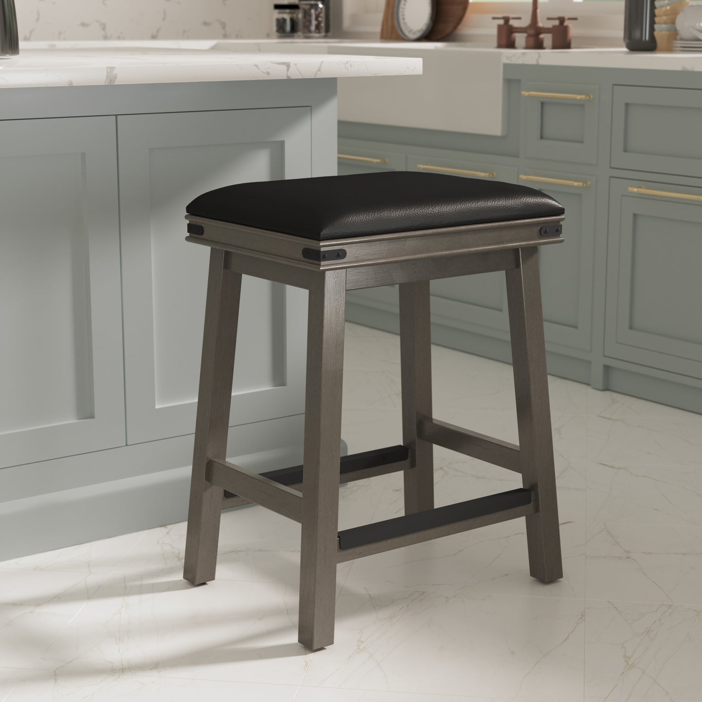 24" Counter Stool, Weathered Gray Finish, Black Leather Seat