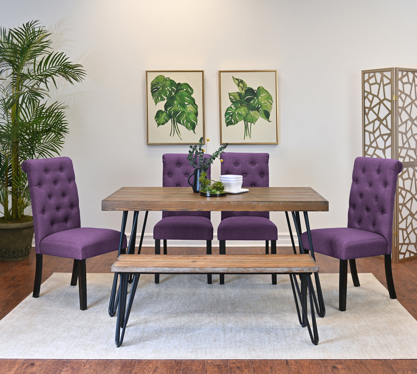 Ashford 6-Piece Dining Set, Hairpin Dining Table with 4 Chairs and Bench, 4 Color Options