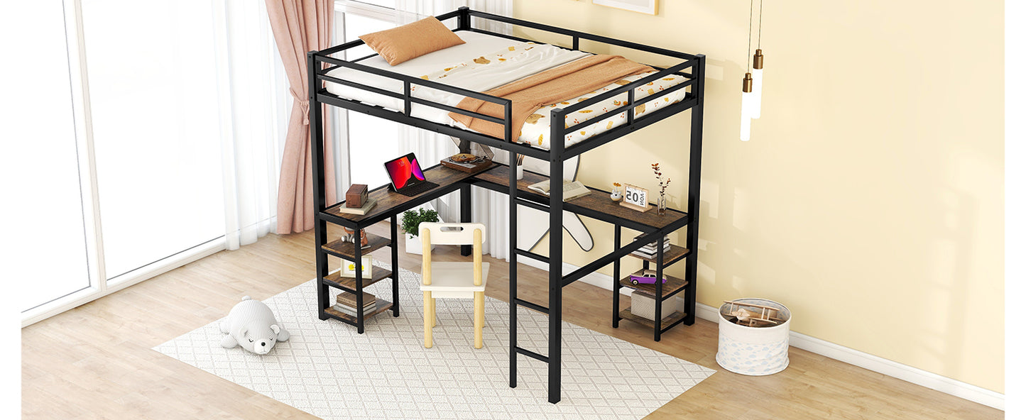 Full Metal Loft Bed with Desk and Shelves, Loft Bed with Ladder and Guardrails, Loft Bed Frame for Bedroom, Black with Vintage wood-colored desk(Old SKU: W1307S00022)